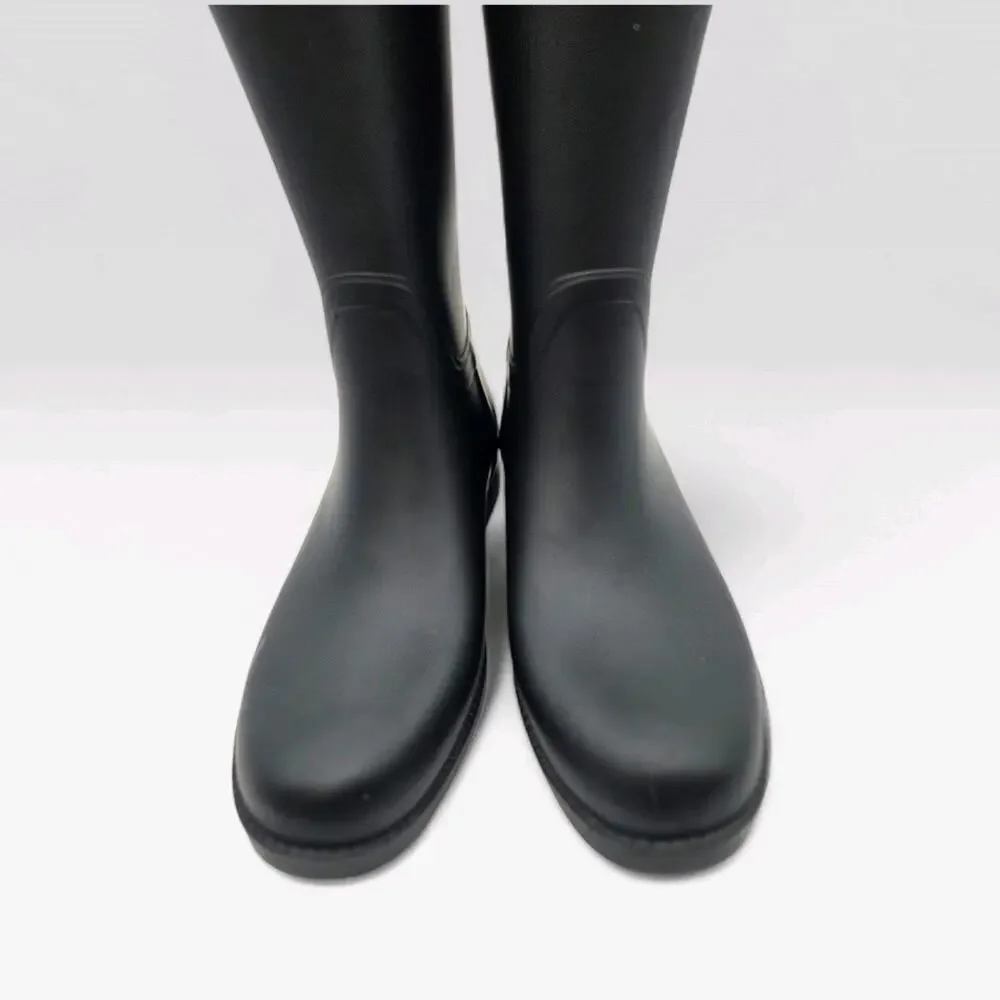 Tory Burch Diana Rain Boot Black Rubber Brown Leather Riding Boots Logo Sz 6